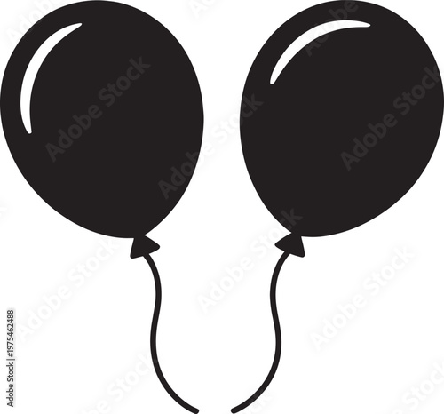 Two black silhouette balloons with strings on a white background symbolizing celebration and parties
