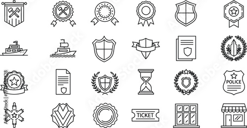 Outline badge and emblem icon set with shield ribbon medal certificate ticket and award symbols minimal line vector illustration collection isolated on white background