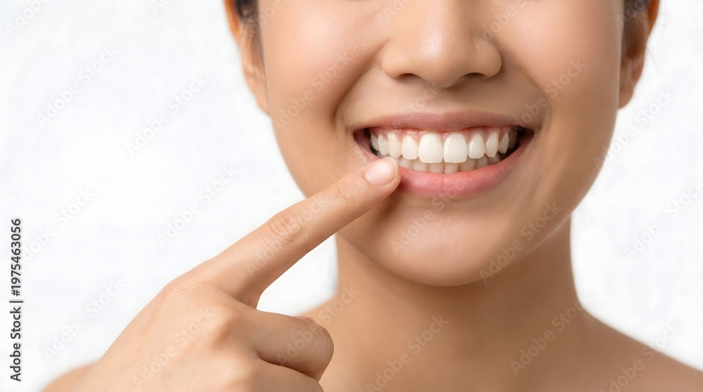 Fototapeta premium Beautiful smile with white teeth of a asian young woman. On white background medical concept with copy space 