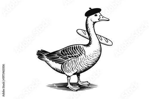 Black and white of a goose wearing a bowler hat and holding hand gloves vintage style