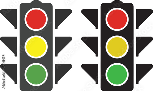 Two traffic light in full color and grayscale showing red yellow and green lights with black casings and triangular visors against a white background