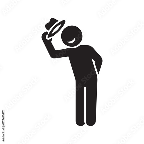 Friendly Stick Figure Gentleman Tipping Hat Greeting Icon
