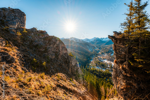 Winter snow hiking near city of Zakopane with view of poland Tatra mountains from Nosal peak in Poland