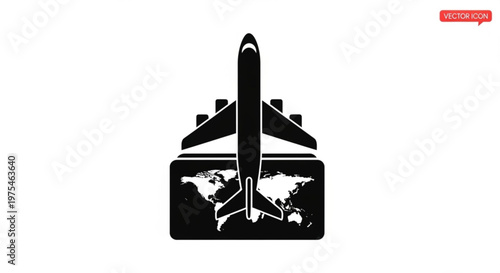 A minimalist vector icon of an airplane taking off from a suitcase with a world map, symbolizing travel and adventure.