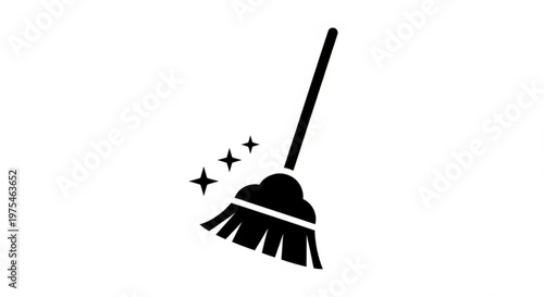 A minimalist black silhouette of a broom with sparkles, symbolizing cleaning and organization.