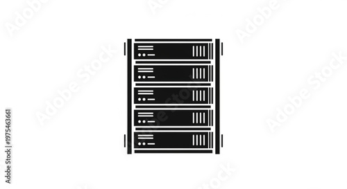 A minimalist vector graphic illustration of a server rack with multiple slots for computer hardware