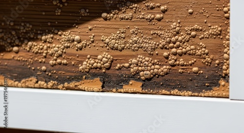Close Up Of A Wooden Surface With Small Fungal Growths And Dark Patches Under Natural Sunlight