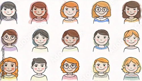 Collection of diverse watercolor portraits of various people with different expressions.