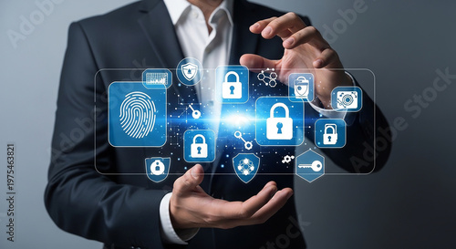 Digital Security Advocate: A professional in a suit presents a modern digital interface showcasing an array of security measures, embodying the concept of data protection. 