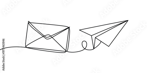 Continuous one line drawing of envelope with paper airplane, sending letter and email message concept, romantic correspondence illustration, vector line art, high quality professional design.