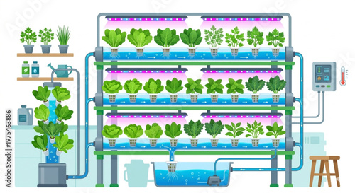 Konstfotografi Hydroponic Smart Indoor Farming System Illustration in Flat 2