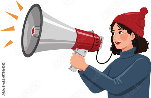Woman in Red Hat Speaking Through a Megaphone with Orange Sound Waves Emanating