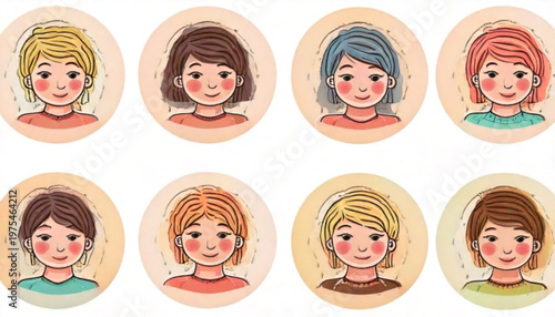 Collection of eight diverse cartoon portraits of young individuals with varying hairstyles and expressions.