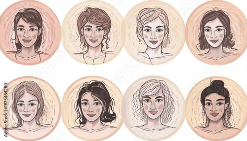 Collection of eight female faces in a circular frame, pixelated art style.