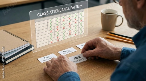 Teacher analyzing student attendance records on a futuristic holographic display, reviewing class participation data