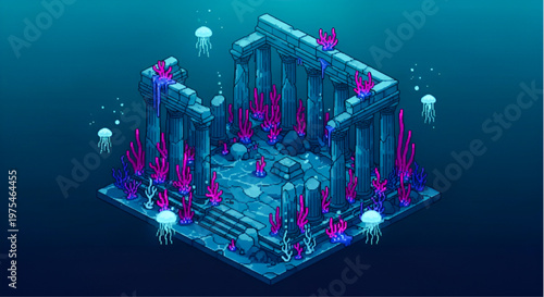 Isometric 8-bit Pixel Art Deep Sea Ancient Ruin with Bioluminescent Flora and Jellyfish