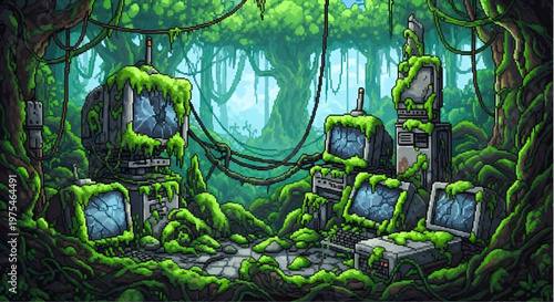8-bit Pixel Art Cyber Jungle with Overgrown Wires and Futuristic Electronic Waste
