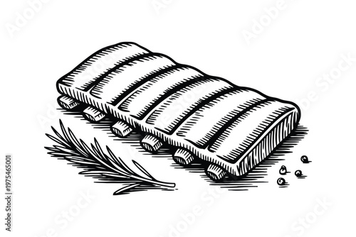 Black and white of a raw pork tenderloin with herbs and spices raw meat