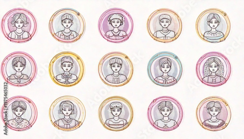 Collection of fifteen colorful circular portraits of various people.