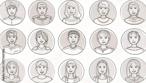 Collection of fifteen different people portraits in circular frames, artistic illustration.