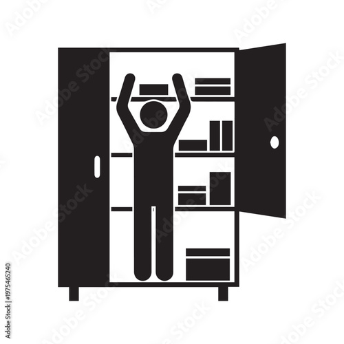 Stick Figure Person Reaching Into Open Storage Cabinet or Closet Icon
