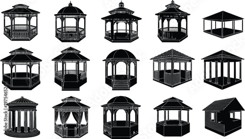 Comprehensive Collection of Gazebo Silhouettes Featuring Various Architectural Styles and Pavilion Designs for Outdoor Landscaping Backyard Structures and Garden Architecture Project Illustration