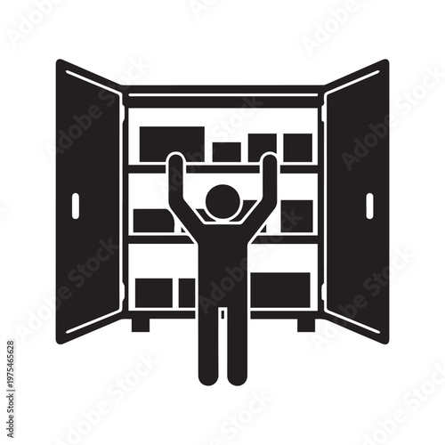 Stick Figure Person Reaching Into Open Storage Cabinet or Closet Icon
