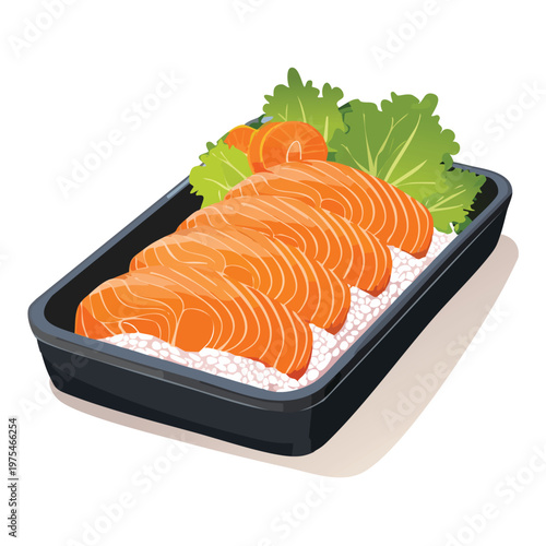 Fresh salmon sashimi platter with salad and rice isolated on white