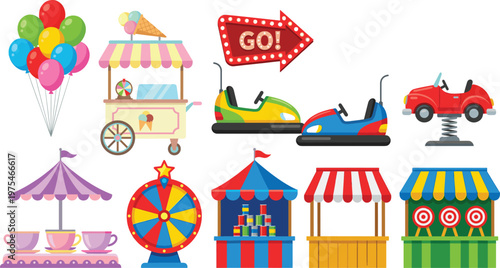 Amusement park carnival illustration set, funfair rides booths balloons and game stalls in colorful style, entertainment festival concept, kids fair collection