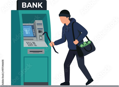 ATM robbery illustration, criminal stealing cash from bank machine using crowbar in vandalism scene, crime security concept, illegal activity design