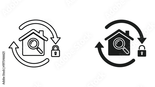 home security and protection icons with lock and magnifying glass