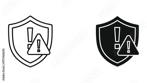 A black and white icon of a shield with an exclamation mark and a warning triangle inside it represents caution or alertness in safety symbols and warning signs.