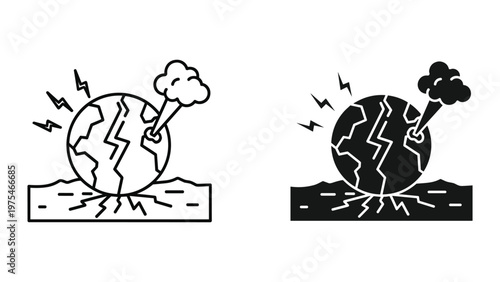 earthquake and volcanic eruption icons, globe cracking with lightning and smoke