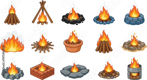 Campfire fire illustration set, different burning wood arrangements with stones pits and containers, outdoor survival concept, camping collection