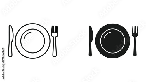 A black and white illustration of a dinner plate with a fork on the right and a knife on the left, depicting a simple set of dining utensils arranged professionally for a meal setting