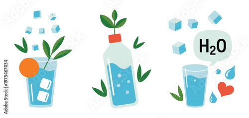 Drink more water concept, hand drawn illustration of water in glass and glass bottle, promoting healthy daily habits, morning rituals, detox, and zero waste, high quality vector artwork.