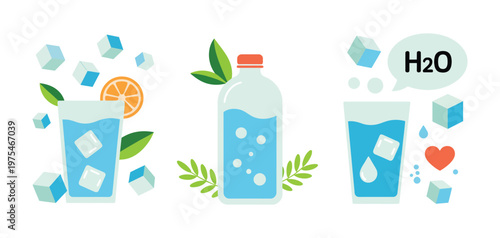 Drink more water concept, hand drawn illustration of water in glass and glass bottle, promoting healthy daily habits, morning rituals, detox, and zero waste, high quality vector artwork.