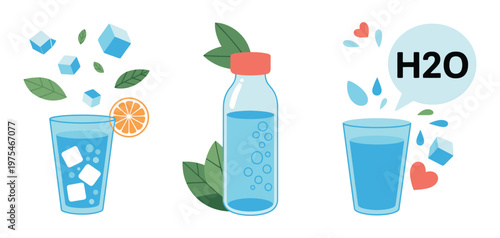 Drink more water concept, hand drawn illustration of water in glass and glass bottle, promoting healthy daily habits, morning rituals, detox, and zero waste, high quality vector artwork.