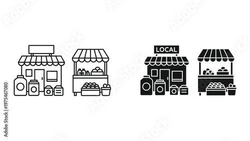 A collection of illustrations showcasing different types of small local markets with various storefronts and produce displays