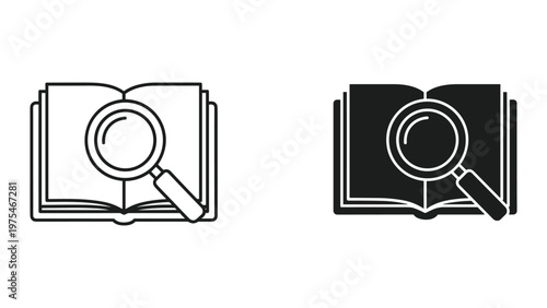 A detailed close-up of an open book with a magnifying glass resting on it, emphasizing thorough research or investigation in a monochrome style suitable for educational or analytical themes