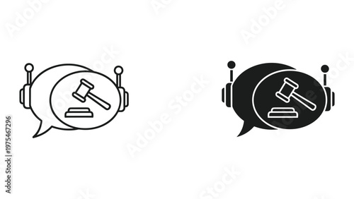 A black speech bubble containing a white gavel icon symbolizes legal judgment and justice in a minimalistic design suitable for legal services or courtroom themes