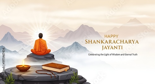 Buddha meditates on mountain peak with candle and offerings celebrating shankaracharya jayanti