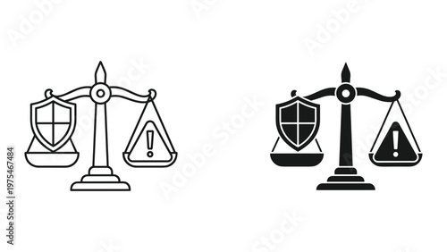 A close-up of a traditional balance scale symbolizing justice and fairness in legal and ethical discussions with a shield and exclamation mark icons representing safety and caution