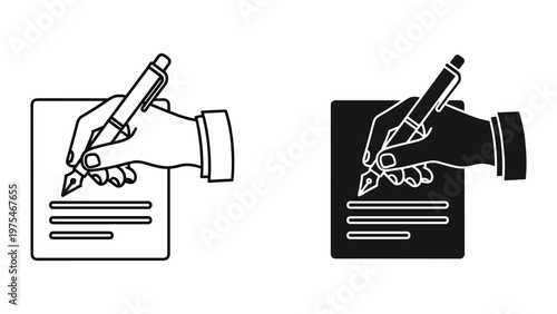 A person wearing a long-sleeved shirt is holding a pen and signing a document on a table in a professional setting with the focus on the hand and pen.