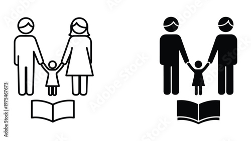 A simple black and white illustration depicts a family of three holding hands with a book resting at their feet, symbolizing family bonding and reading together in a minimalistic style