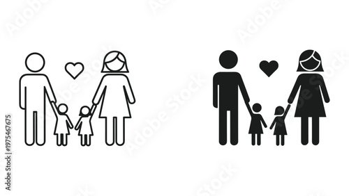 A black and white line drawing depicts a family consisting of a father mother and two children holding hands with a heart symbol floating above them symbolizing love and family bond
