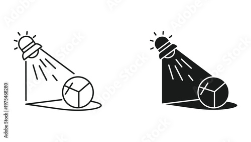 A black and white line drawing depicts a spotlight shining down on a cube placed on the ground in front of a circular platform, creating an illuminated scene.