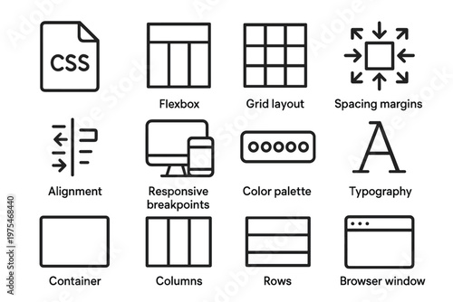 CSS Layout Icons. CSS layout design. Line outline icon set of CSS layout design: css file, flexbox layout,