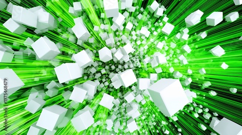 Abstract white cubes exploding with green light trails no people