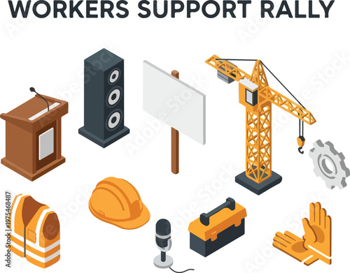 Isometric illustration of construction site equipment and tools for a workers support rally